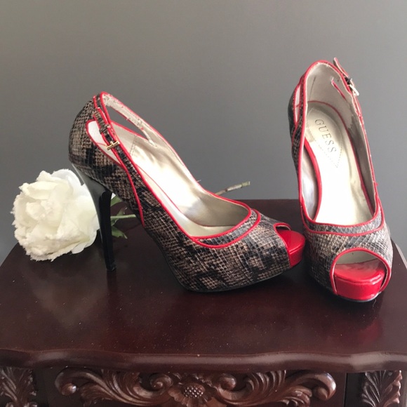 Guess Shoes - Guess high heel peep toe snake skin with red size8